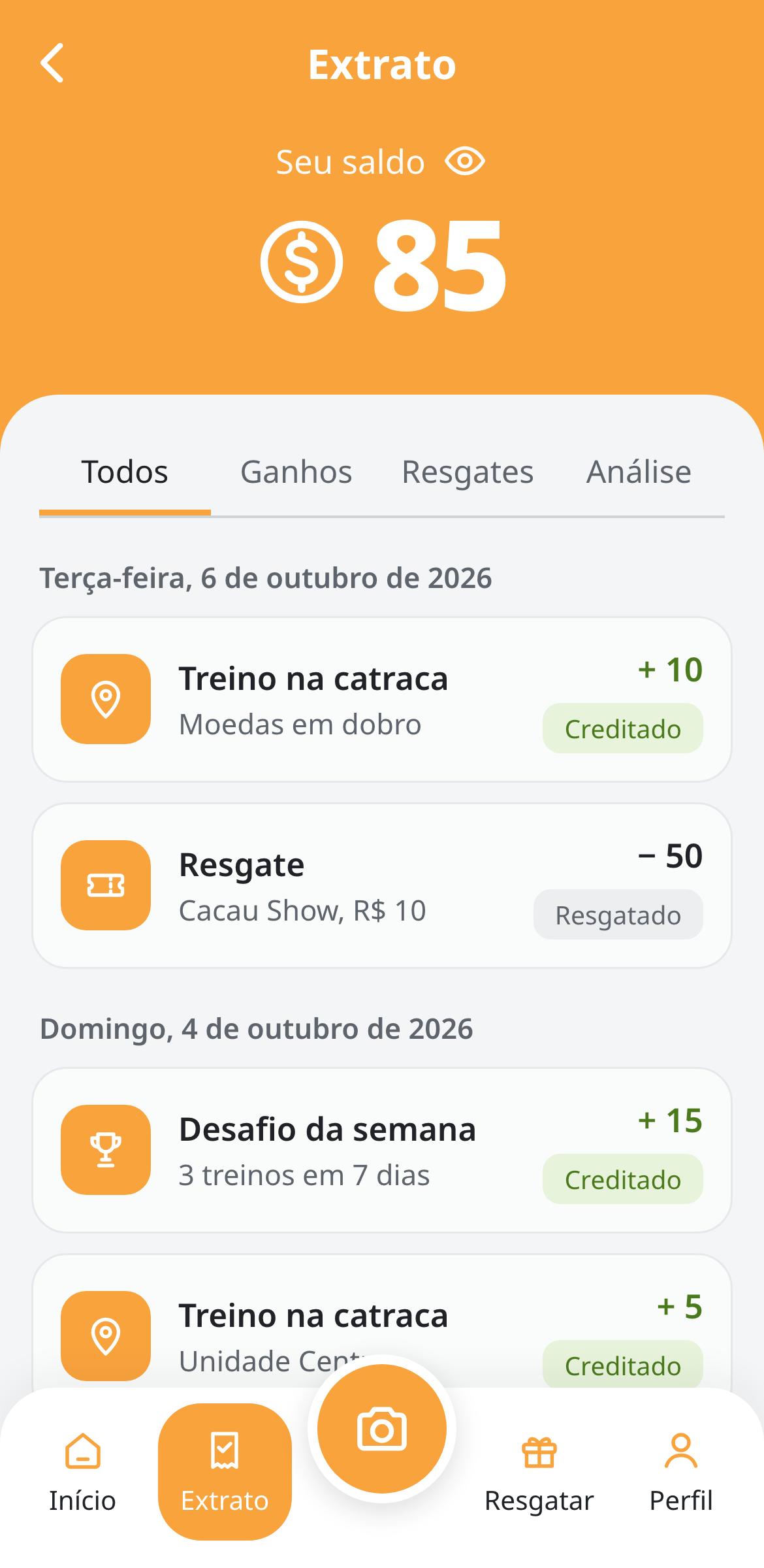 Extrato com moedas creditadas por treino e desafio