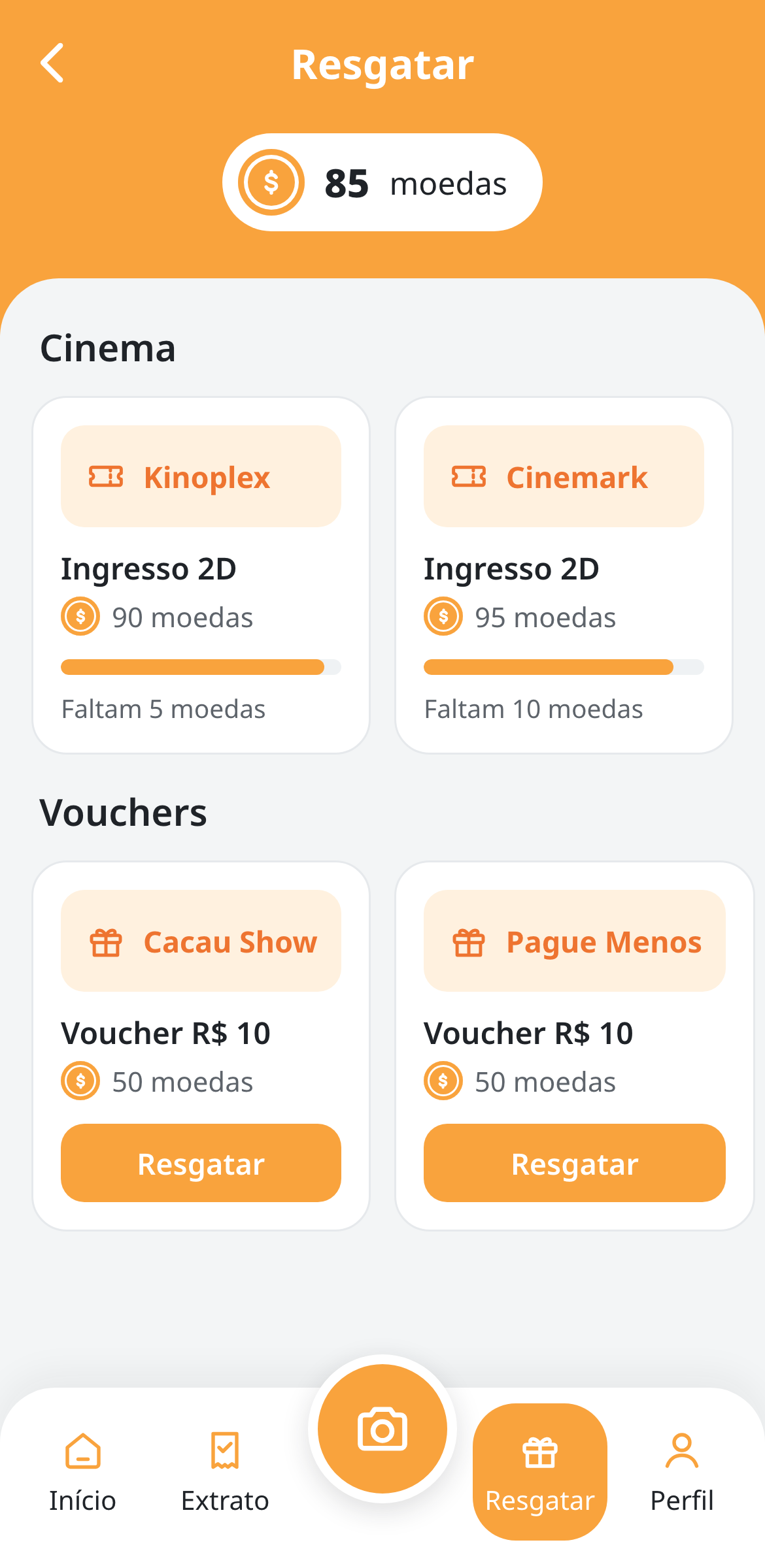 Cartela de recompensas com ingressos de cinema e vouchers